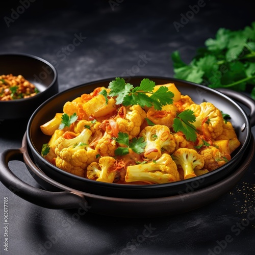 Delicious Aloo Gobi Curry in Black Bowl with Fresh Cilantro Garnish