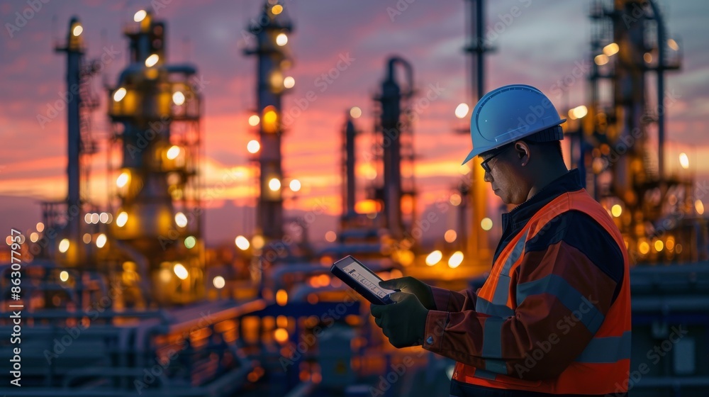 Industrial Worker Checking Data at a Refinery Industrial Worker Checking Data at a Refinery