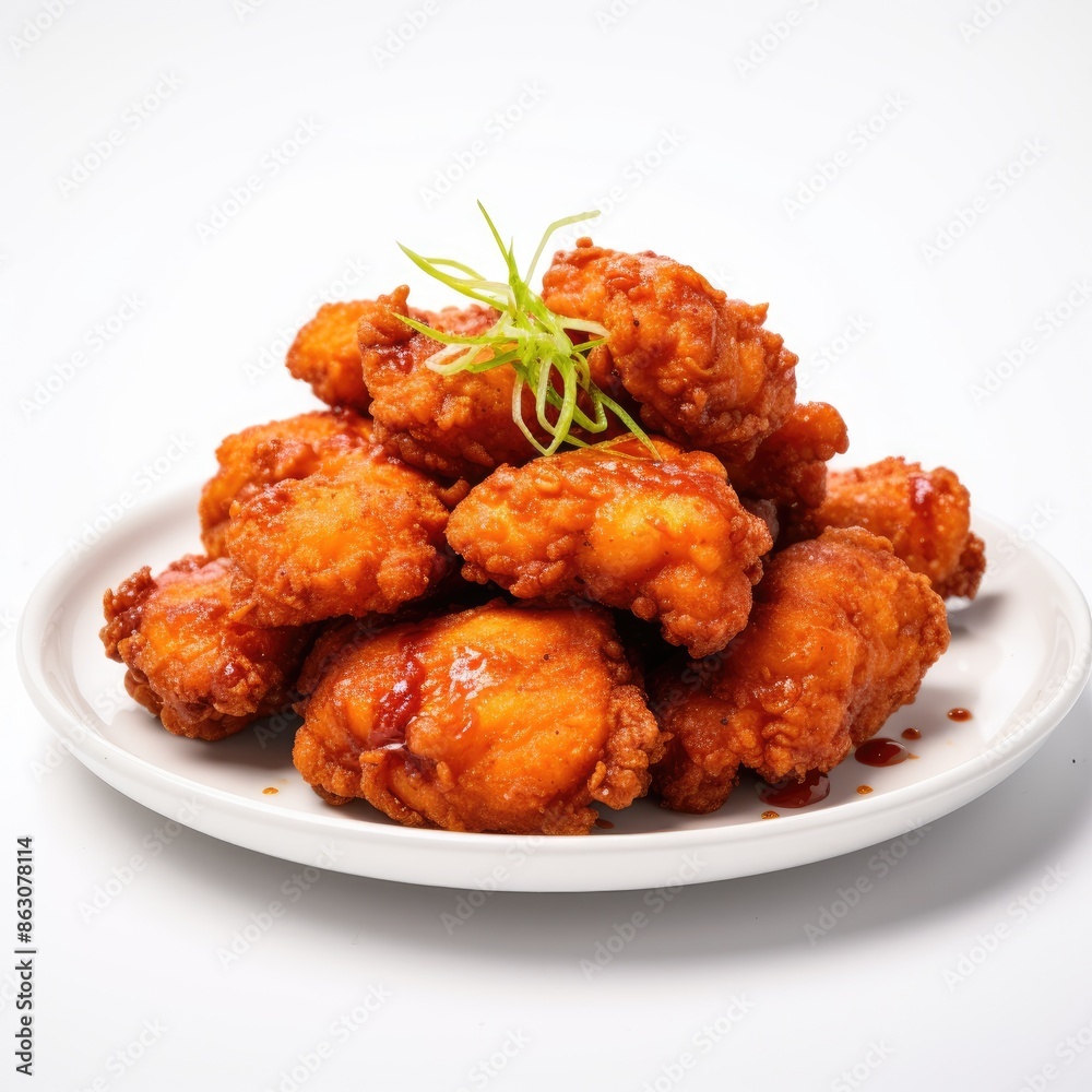 Delicious Spicy Fried Chicken Dish with Green Garnish on a Plate Delicious Spicy Fried Chicken Dish with Green Garnish on a Plate
