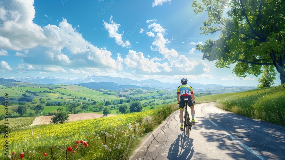 Fototapeta premium Colorful cyclist on countryside road, aerial view of fields, sky, mountains in natural light