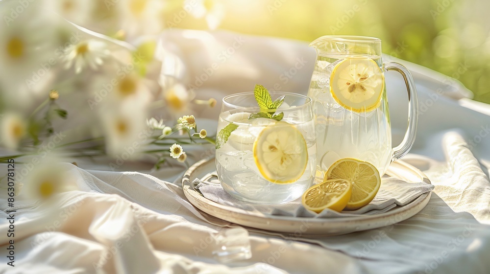 A refreshing pitcher of homemade lemonade with lemon slices and mint leaves, served with ice-filled glasses on a sunny outdoor table