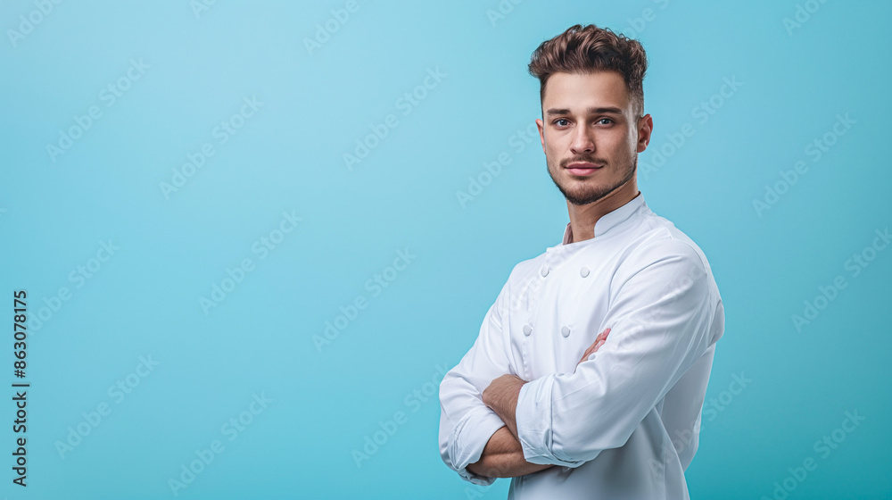 Portrait of a Skilled Massage Therapist in White Uniform Against Turquoise Background with copy space for text Portrait of a Skilled Massage Therapist in White Uniform Against Turquoise Background with copy space for text