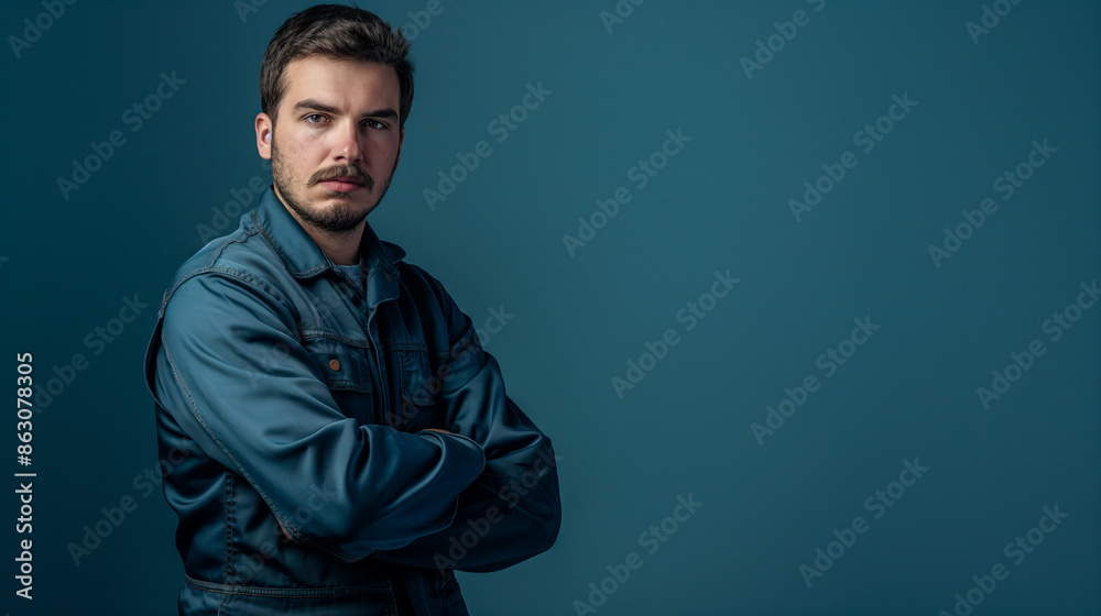 Portrait of a Serious Young Mechanic in Blue Overalls on Blue Textured Background with copy space for text Portrait of a Serious Young Mechanic in Blue Overalls on Blue Textured Background with copy space for text