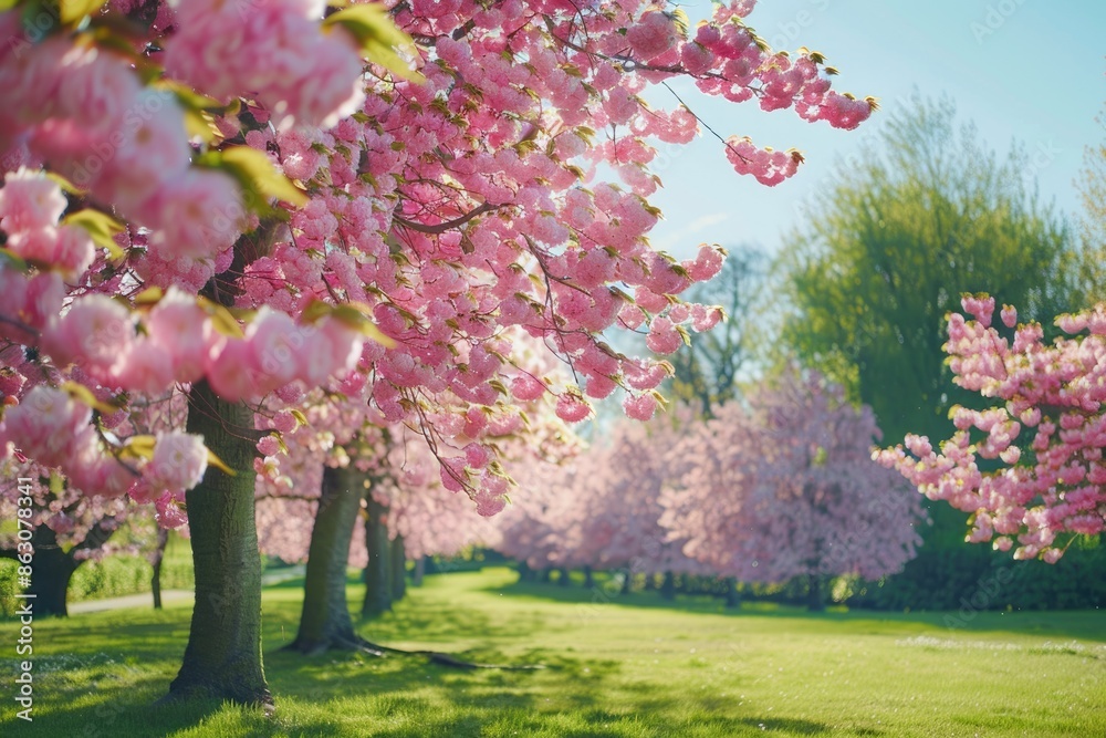 Naklejka premium Ornamental garden with majestically blossoming large cherry trees on a fresh green lawn