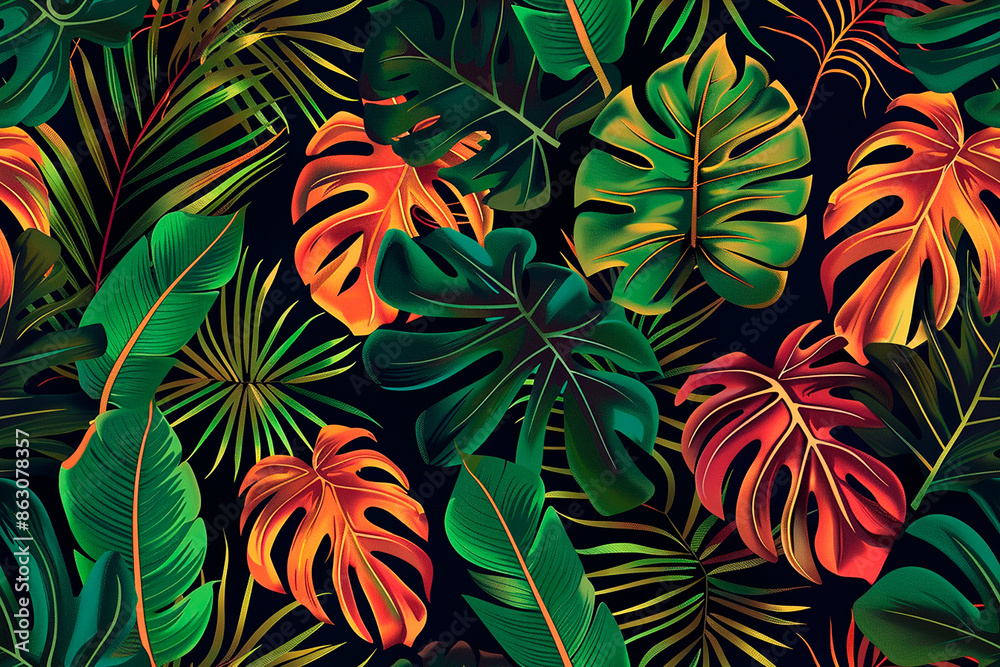 Tropical seamless pattern featuring vibrant green and orange monstera and palm leaves on a black background. Perfect for exotic and lively design themes. Tropical seamless pattern featuring vibrant green and orange monstera and palm leaves on a black background. Perfect for exotic and lively design themes.