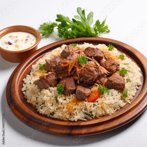 Delicious Jadoh Rice And Meat Dish With Herb Garnish