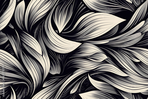 A seamless black and white pattern of abstract flowing leaves. The intricate design creates a sense of movement and elegance. photo