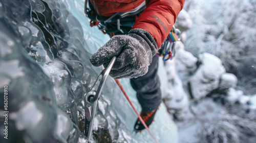 A tourist is climbing a frozen waterfall with a rope and a metal hook