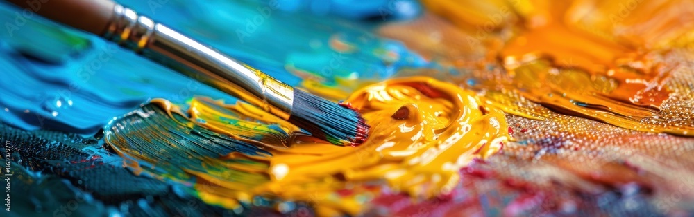 A close-up shot of a paintbrush mixing yellow and blue paint on an artists palette A close-up shot of a paintbrush mixing yellow and blue paint on an artists palette