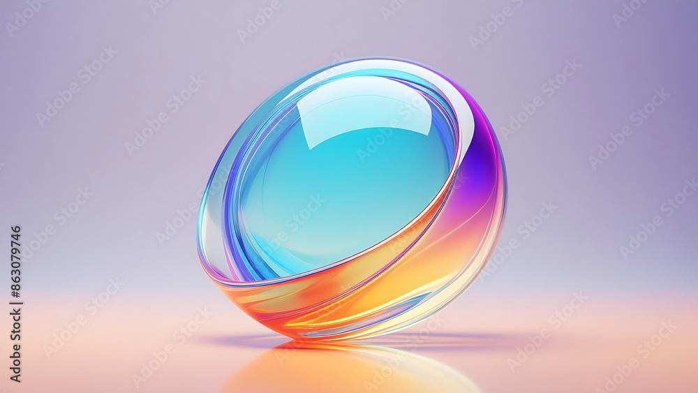 Abstract 3D sphere with iridescent holographic effect, colorful futuristic design, minimal composition.  Shiny rainbow glass sphere on pastel background.