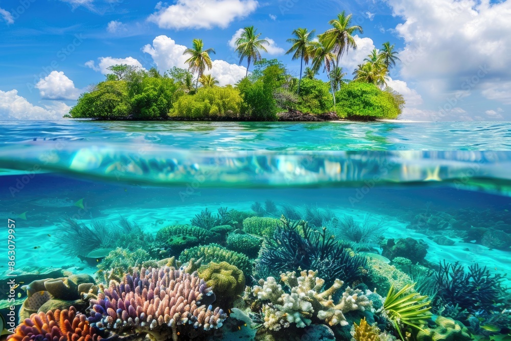 Tropical Island And Coral Reef Split View With Waterline Tropical Island And Coral Reef Split View With Waterline