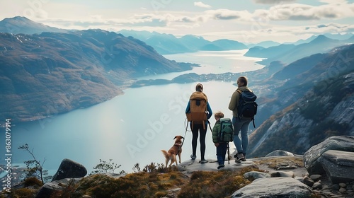 People adult with kids and pet dog hiking mount Hoven enjoying the splendid view over Nordfjord from the Loen skylift : Generative AI photo