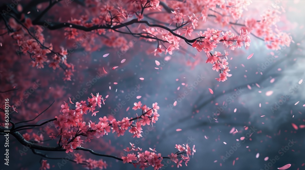 Pink cherry blossoms falling from a tree in a misty forest, bathed in soft sunlight. Pink cherry blossoms falling from a tree in a misty forest, bathed in soft sunlight.
