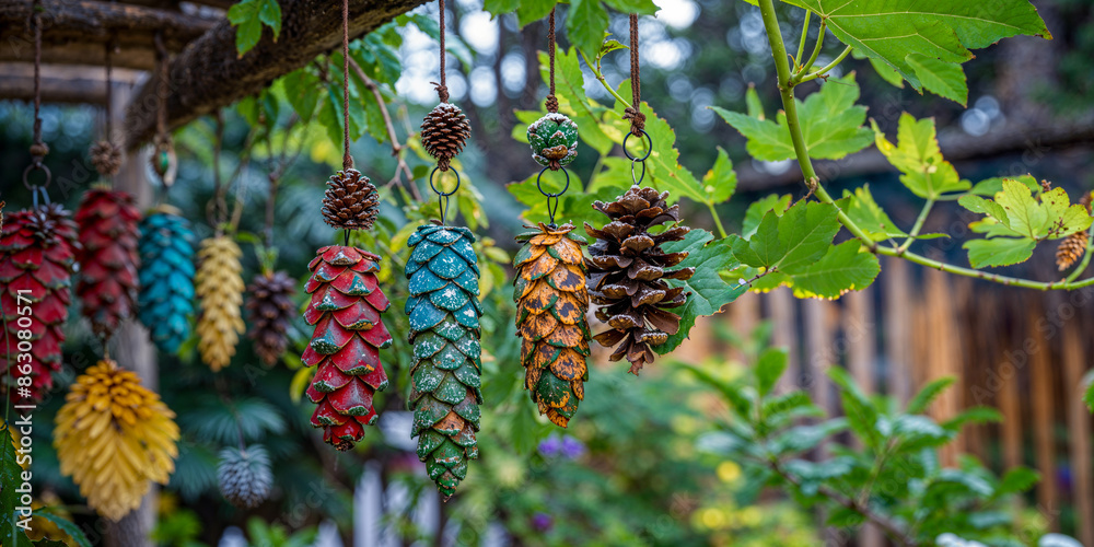 Colorful pinecone wind chimes in garden, DIY craft project Colorful pinecone wind chimes in garden, DIY craft project