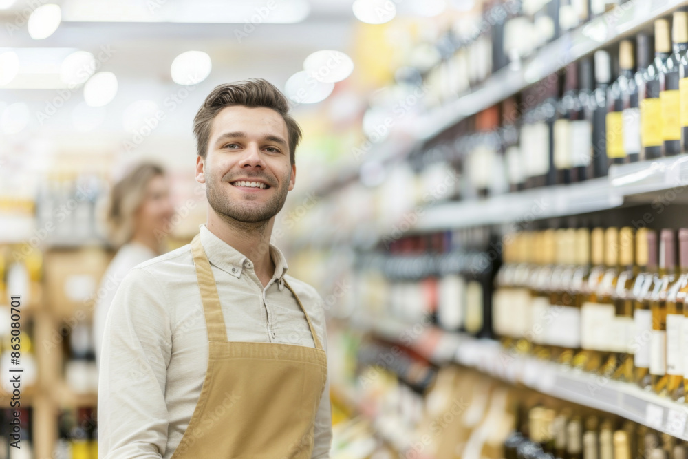 Smiling Male Shop Assistant in Wine Aisle of Grocery Store Smiling Male Shop Assistant in Wine Aisle of Grocery Store