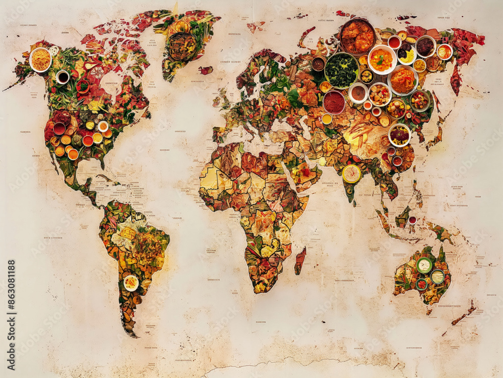 A world map is creatively designed with various culinary dishes and ingredients representing different regions, showcasing a vibrant and diverse array of foods Plates and bowls of food are strategical