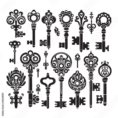 Set of black silhouettes of door keys, vector