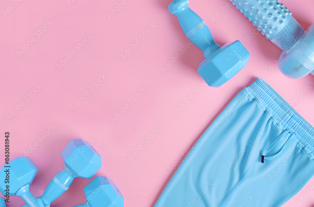 dumbbells, foam roller and fitness cloth on pastel pink background with space for copy dumbbells, foam roller and fitness cloth on pastel pink background with space for copy