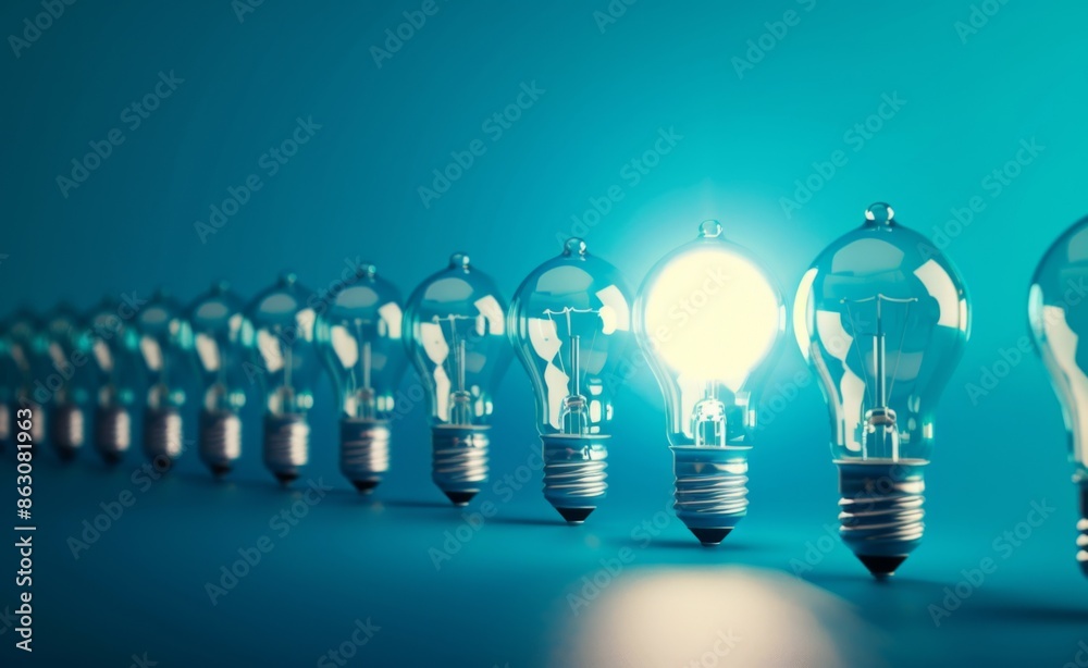 Bright idea concept with glowing light bulb among rows of light bulbs on blue background Bright idea concept with glowing light bulb among rows of light bulbs on blue background