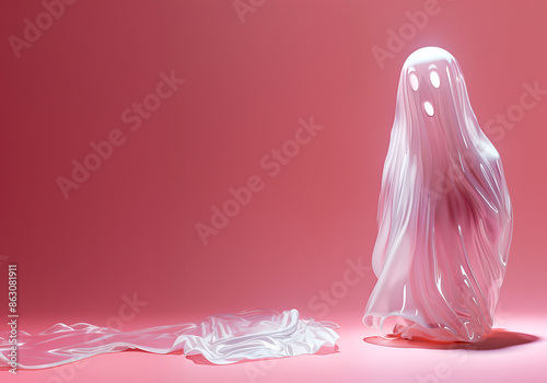 Creative template concept. Glossy veil cloth costume halloween sheet of funny surprise ghost looking at his deflated friend on pastel pink background. copy text space