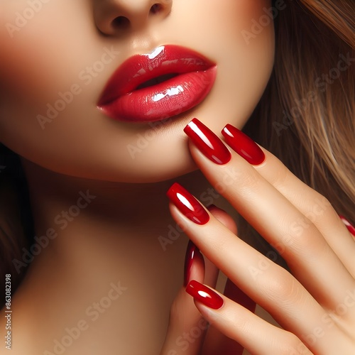 Woman with professional makeup, crimson nails and lips 