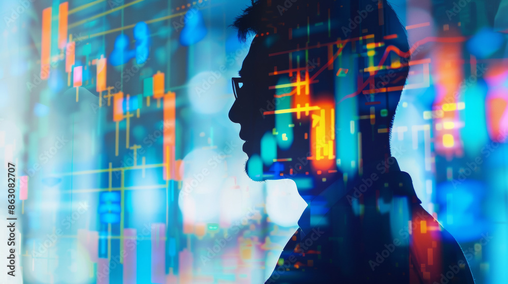 Fototapeta premium Businessman in a silhouette double exposure. In the background is stock chart.