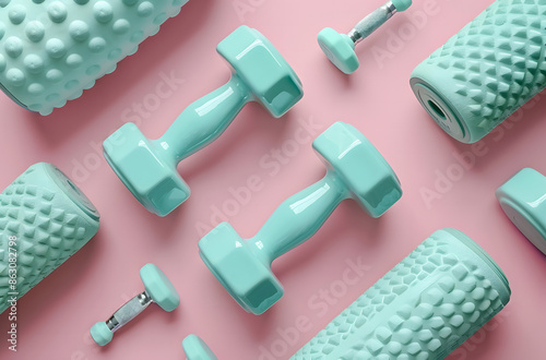 dumbbells, foam roller and fitness cloth on pastel pink background with space for copy photo