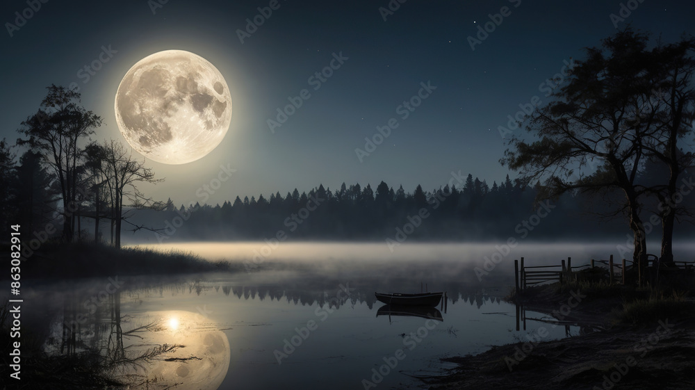 Full Moon and Fog: A full moon hangs low in the sky, casting an ethereal glow through the fog
Full Moon and Fog: A full moon hangs low in the sky, casting an ethereal glow through the fog