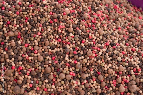 Pepper grain assortment at a street market. Detail close up.