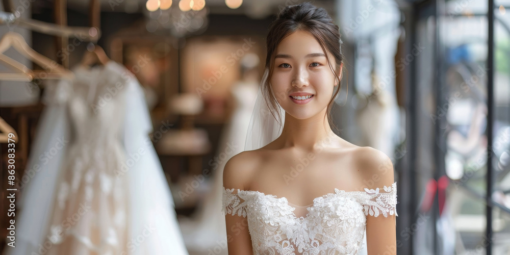 Naklejka premium Joyful beautiful Asian young woman standing in a white wedding dress in a beautiful wedding salon. Copyspace.