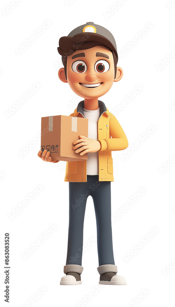Delivery guy worker 3d. Cute character standing with a parcel box in his hands.
Delivery guy worker 3d. Cute character standing with a parcel box in his hands.