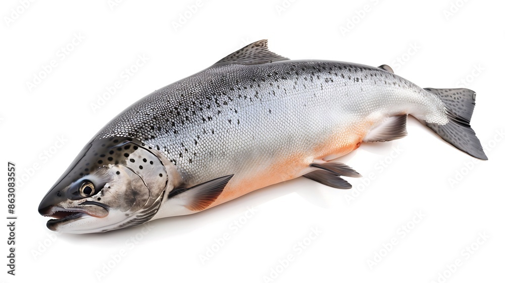 Whole Atlantic Salmon fish isolated on white background with clipping path Full Depth of field Focus stacking : Generative AI Whole Atlantic Salmon fish isolated on white background with clipping path Full Depth of field Focus stacking : Generative AI