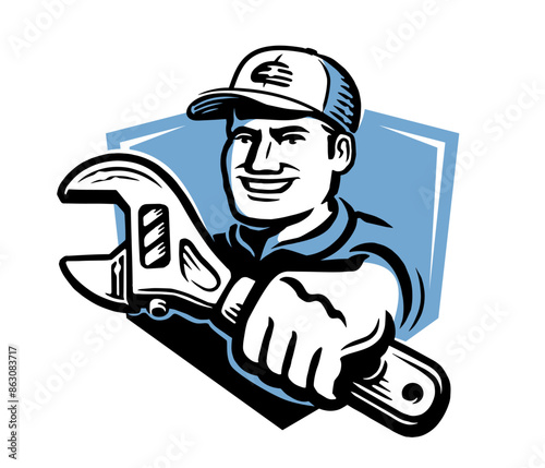 Mechanical repair service retro logo. Worker with spanner emblem. Vector illustration