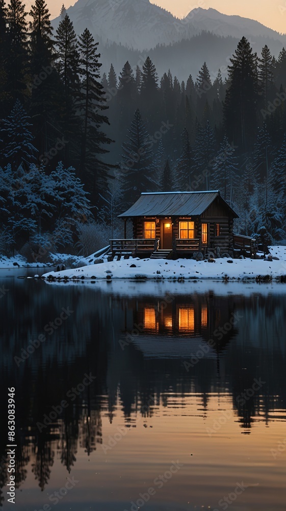 Obraz premium Moonlit Tranquility: The Black Cat's Gaze by the Lakeside Cabin 