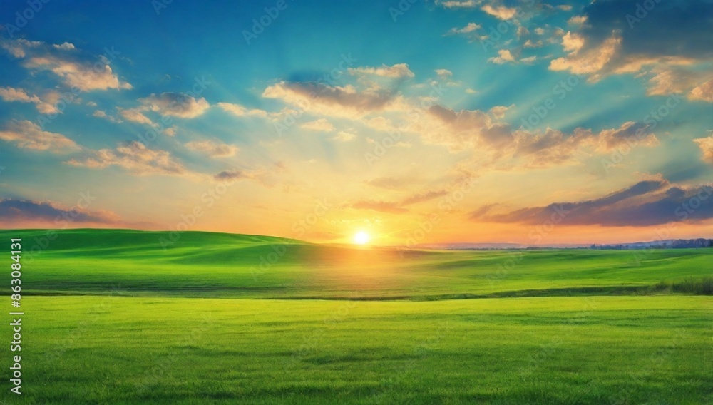 Bright sunset on green spring field and blue sky Bright sunset on green spring field and blue sky