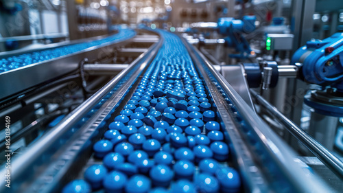 Blue balls on a conveyor belt in a modern factory setting