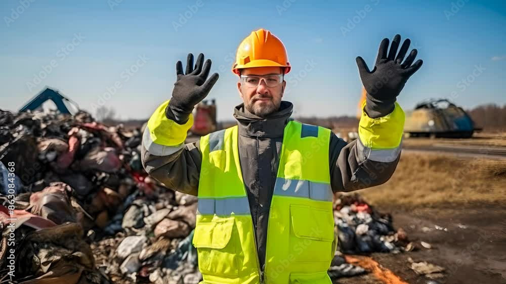 Garbage Dump with Worker Showing Stop Hand Garbage Dump with Worker Showing Stop Hand