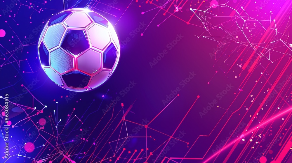 Fototapeta premium futuristic sports banner with soccer ball on neon background with space for text