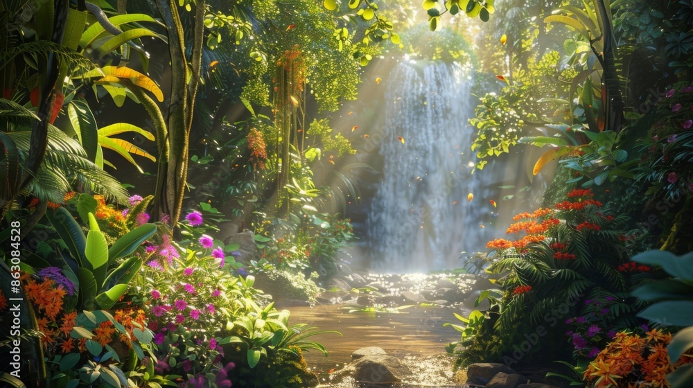 Serene tropical rainforest waterfall with vibrant flowers and lush greenery in beautiful natural setting Serene tropical rainforest waterfall with vibrant flowers and lush greenery in beautiful natural setting