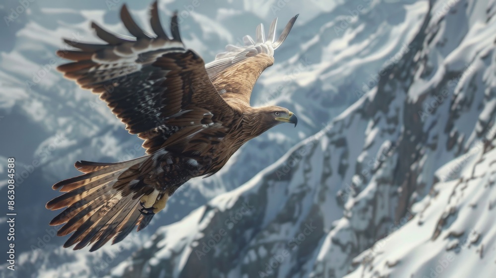 Fototapeta premium Majestic eagle soars over snowy mountain peaks, wings fully extended in flight