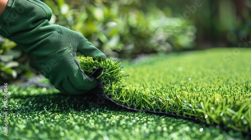 Hands in gloves rolling out artificial grass, showcasing landscape gardening tools and synthetic turf installation. photo