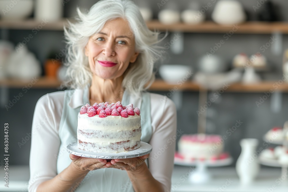 A smiling elegant senior woman holds a homemade raspberry topped cake in a kitchen setting A smiling elegant senior woman holds a homemade raspberry topped cake in a kitchen setting