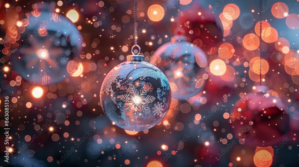A festive display of snowflakes and decorative balls A festive display of snowflakes and decorative balls