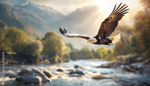 This image captures a powerful eagle soaring high above a river with a breathtaking mountain backdrop, showcasing nature's splendor and the majesty of wildlife in flight.