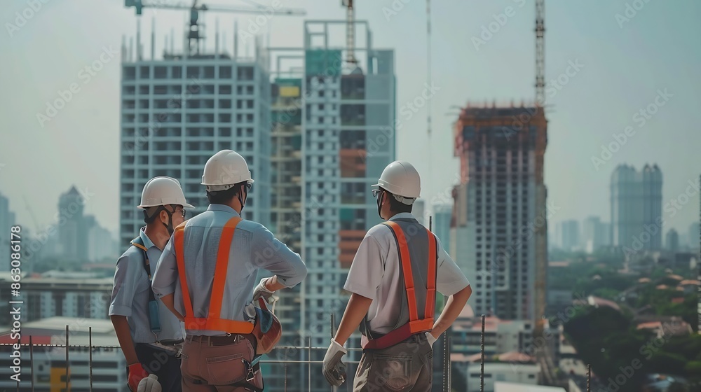 Civil engineer teams meeting working together wear worker helmets hardhat on construction site in modern city Foreman industry project manager engineer teamwork Asian industry professi : Generative AI