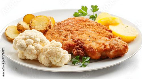 crispy breaded fried pork chop, boiled potatoes and cooked cauliflower on wooden table isolated on white background, minimalism, png