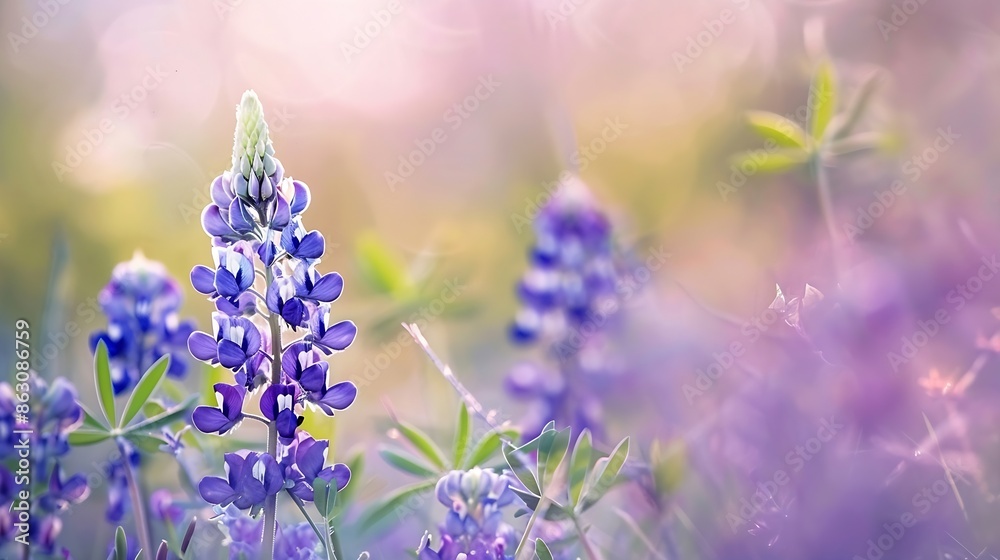 Naklejka premium Closeup blossom Bluebonnet at the rolling hills country side meadow blossom Texas state flower in springtime near Dallas Texas America Scenic view landscape of wildflower : Generative AI