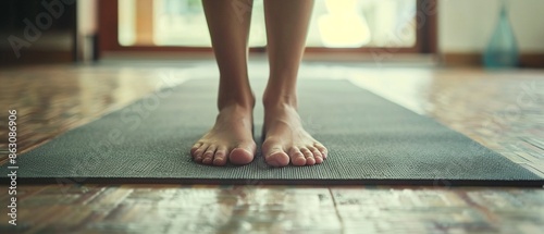 A detailed shot of a yoga mat and bare feet, symbolizing balance and focus
