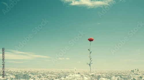 A tall, brightly colored poppy stands out in a field of shorter, duller flowers, evoking a sense of isolation and the challenges of standing out. photo