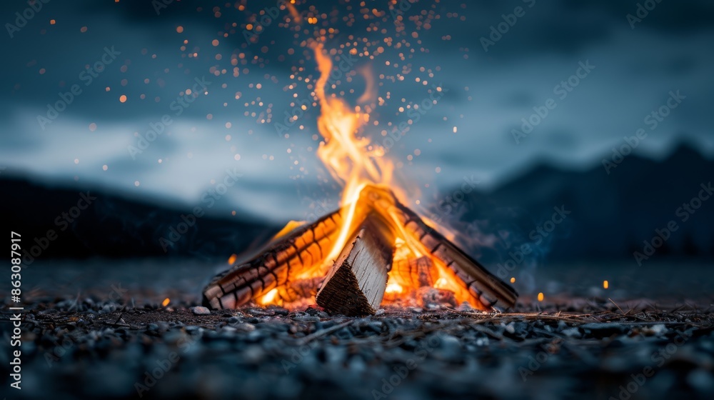 Campfire blazing brightly in the night, embers and sparks creating a ...